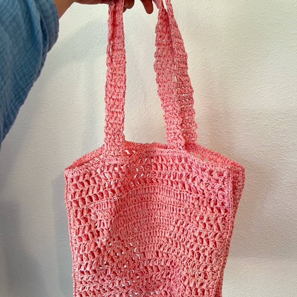 Hand-Crocheted Pink Raffia Tote Bag – Lightweight Summer Market Bag